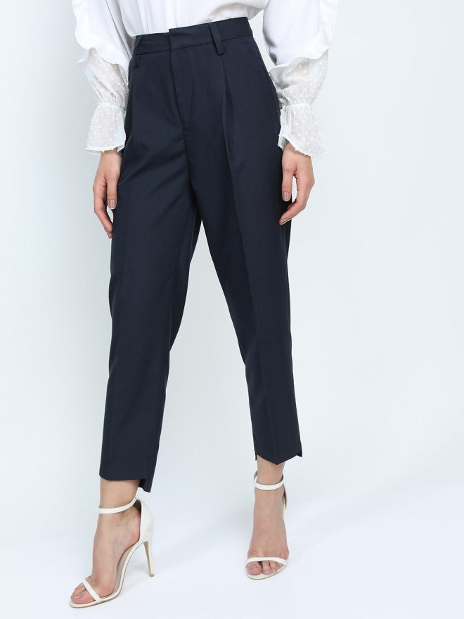 Tokyo Talkies Women Navy Blue Solid Tapered Fit Casual Trouser - Navy Blue - Image 4