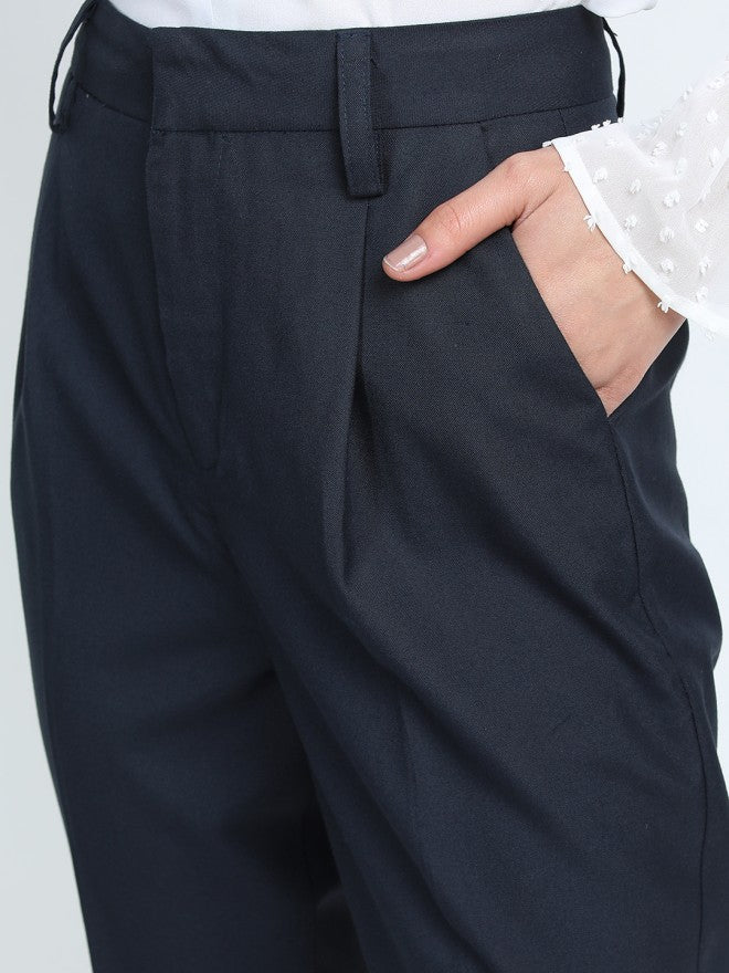 Tokyo Talkies Women Navy Blue Solid Tapered Fit Casual Trouser - Navy Blue - Image 5