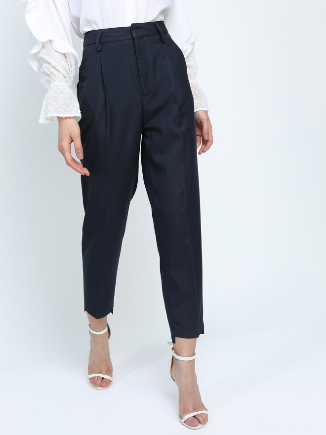 Tokyo Talkies Women Navy Blue Solid Tapered Fit Casual Trouser - Navy Blue - Image 6