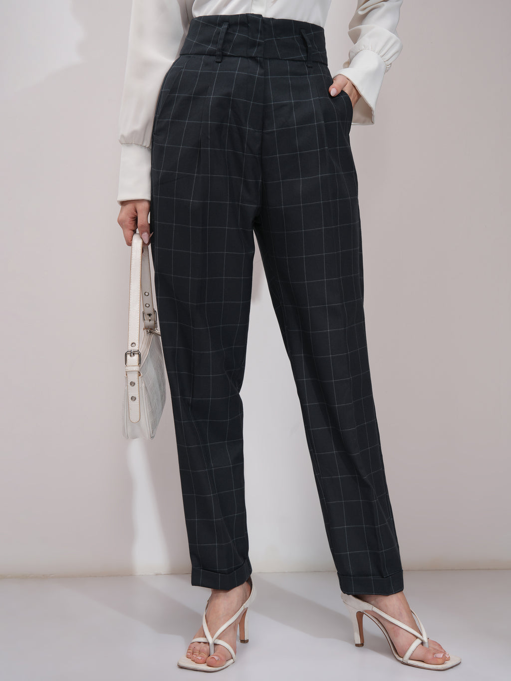 Tokyo Talkies Women Navy Blue Checked Straight Fit Casual Trouser - Navy Blue - Image 1