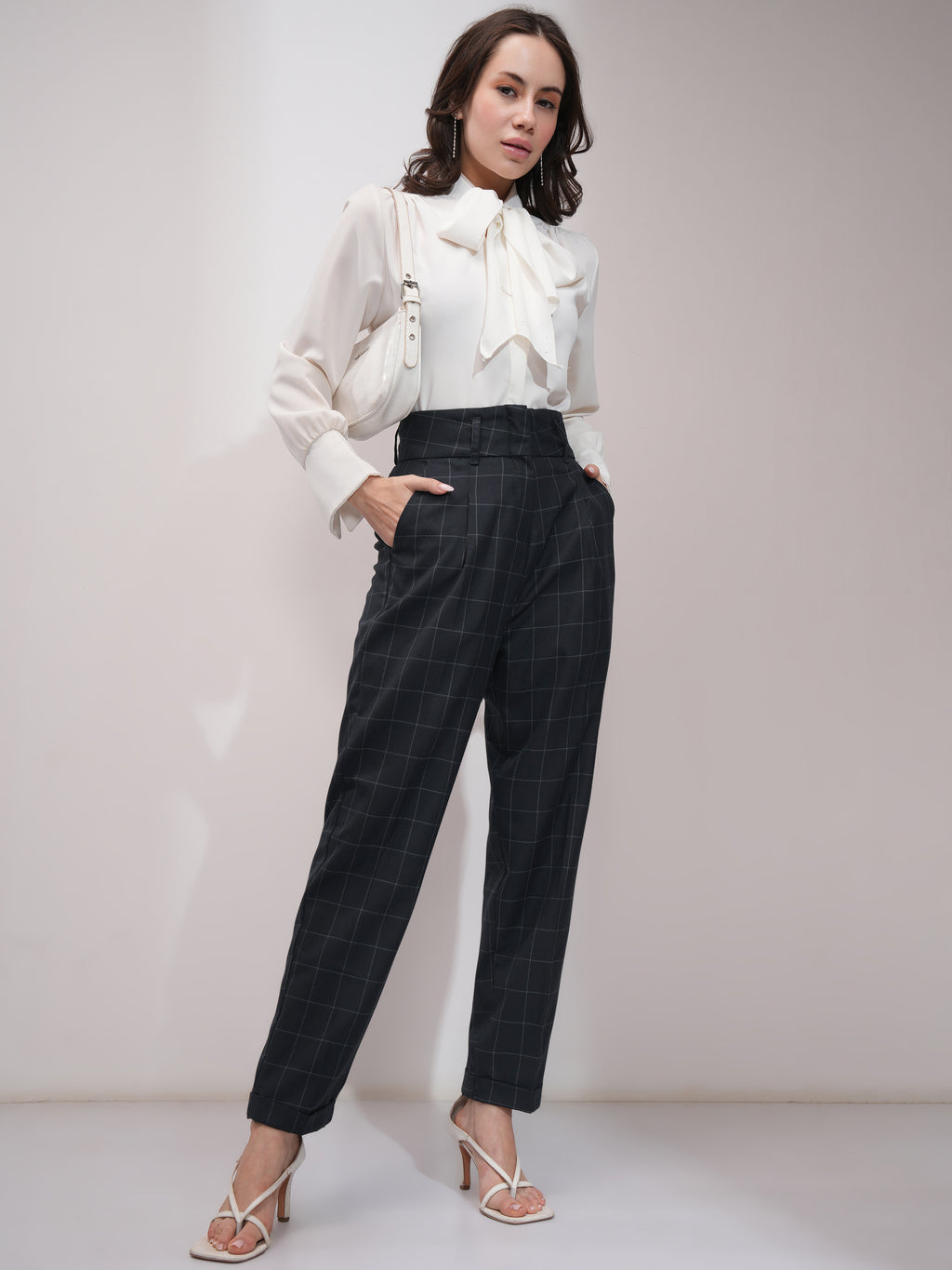 Tokyo Talkies Women Navy Blue Checked Straight Fit Casual Trouser - Navy Blue - Image 2