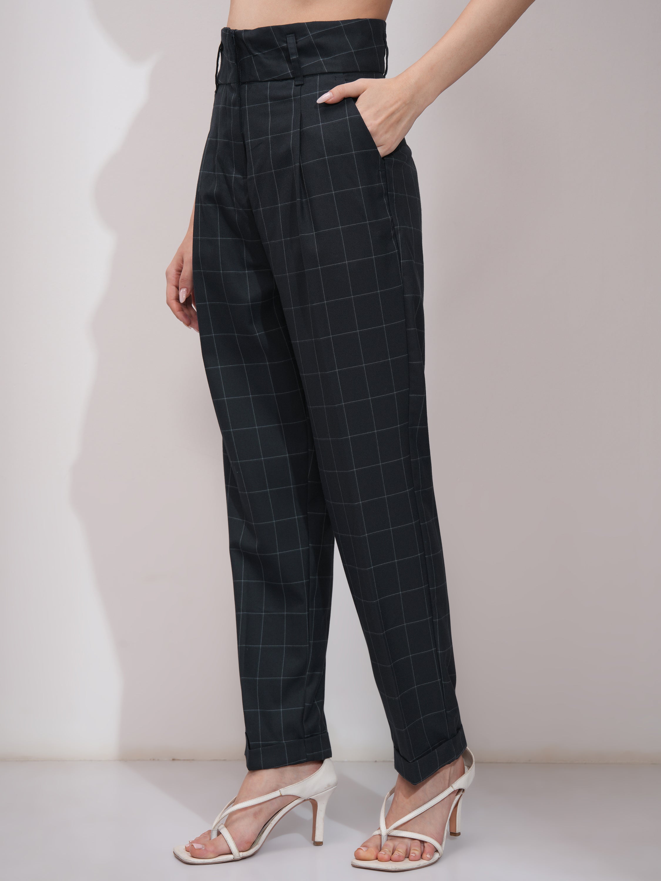 Tokyo Talkies Women Navy Blue Checked Straight Fit Casual Trouser - Navy Blue - Image 4