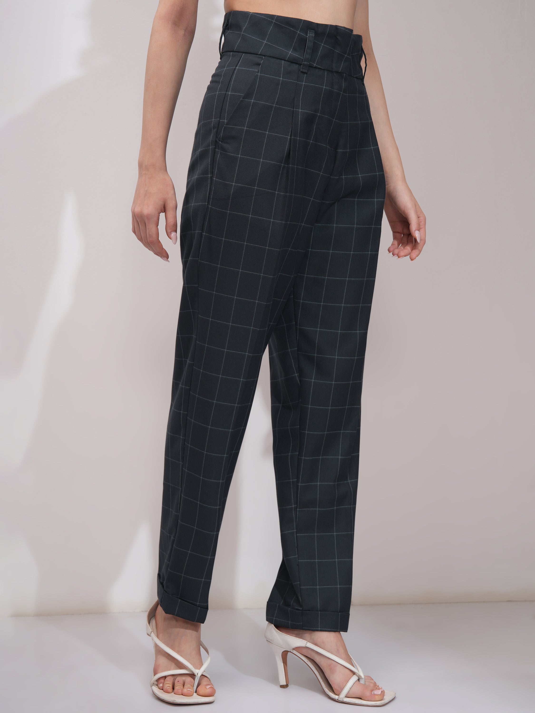 Tokyo Talkies Women Navy Blue Checked Straight Fit Casual Trouser - Navy Blue - Image 6