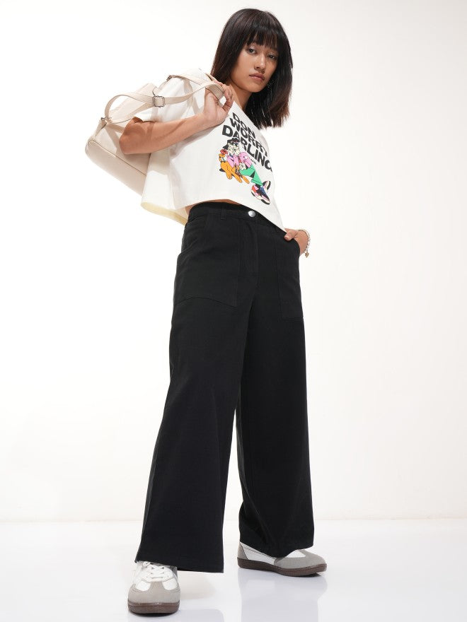 Tokyo Talkies Women Black Solid Flared Casual Trouser - Black - Image 2