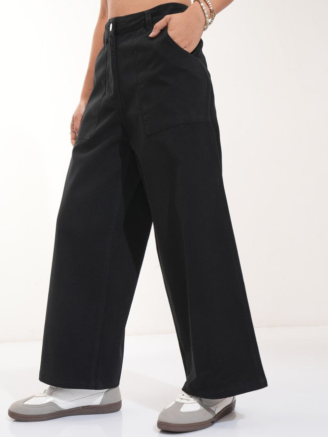 Tokyo Talkies Women Black Solid Flared Casual Trouser - Black - Image 4