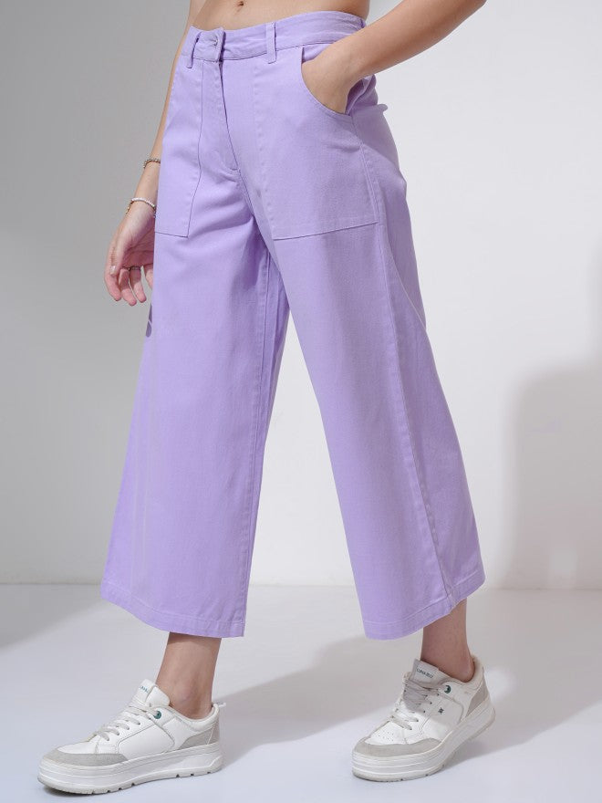 Tokyo Talkies Women Purple Solid Flared Wide Leg Trouser - Purple - Image 4