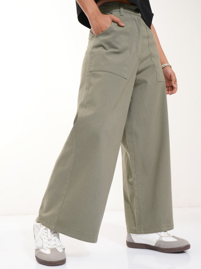 Tokyo Talkies Women Olive Solid Flared Casual Trouser - Olive - Image 1