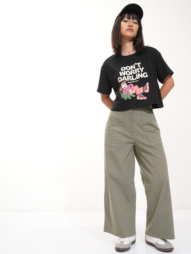 Tokyo Talkies Women Olive Solid Flared Casual Trouser - Olive - Image 2