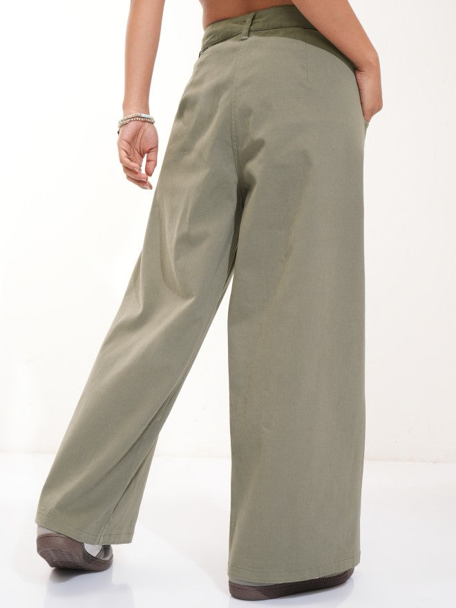 Tokyo Talkies Women Olive Solid Flared Casual Trouser - Olive - Image 3