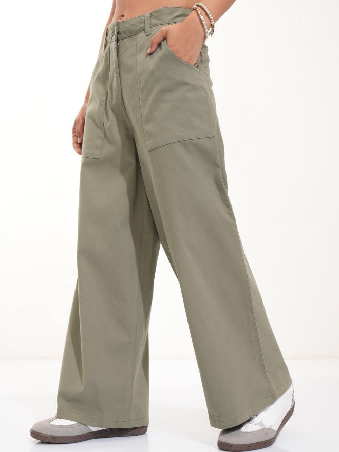 Tokyo Talkies Women Olive Solid Flared Casual Trouser - Olive - Image 4