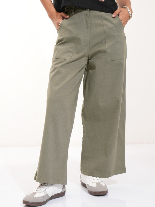 Tokyo Talkies Women Olive Solid Flared Casual Trouser - Olive - Image 6