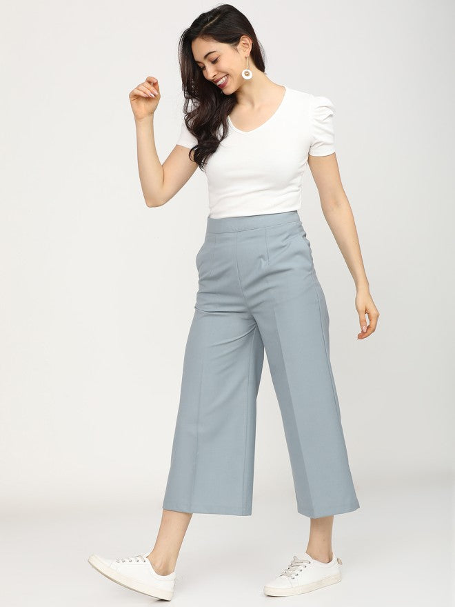 Tokyo Talkies Women Blue Solid Flared Casual Trouser - Blue - Image 4
