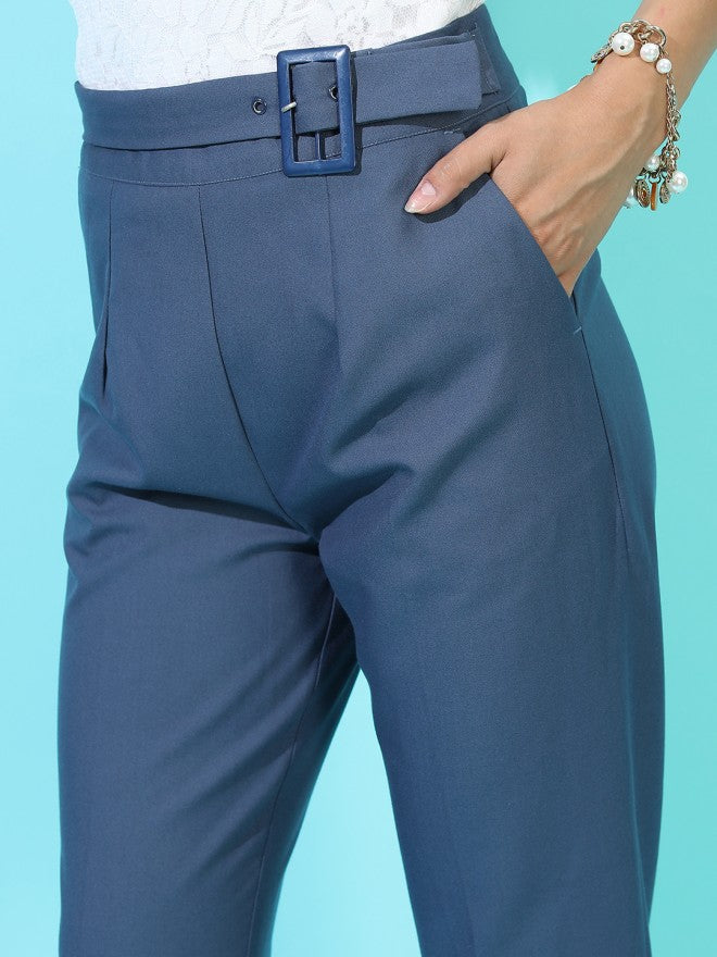 Tokyo Talkies Women Blue Solid Regular Fit Casual Trouser - Blue - Image 3