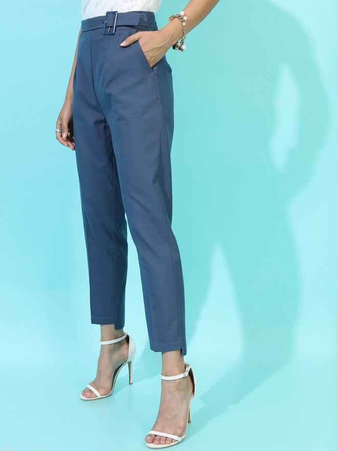 Tokyo Talkies Women Blue Solid Regular Fit Casual Trouser - Blue - Image 4