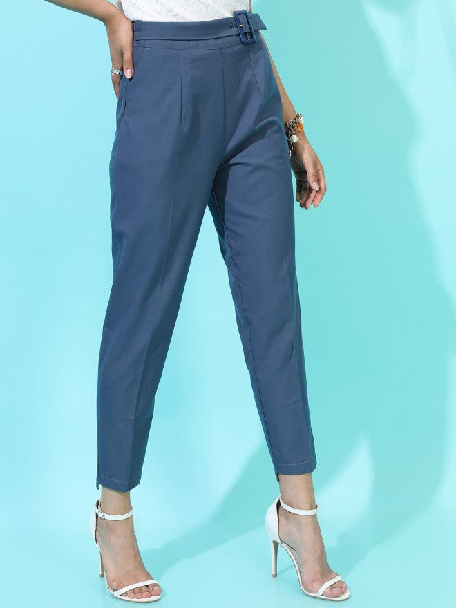 Tokyo Talkies Women Blue Solid Regular Fit Casual Trouser - Blue - Image 5