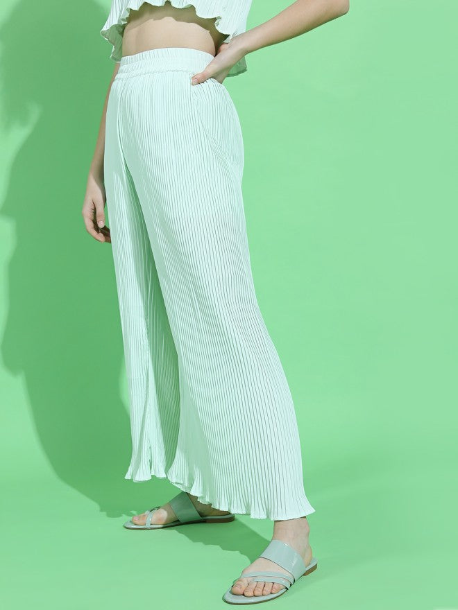Tokyo Talkies Women Green Solid Flared Casual Trouser - Green - Image 1