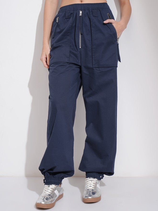 Tokyo Talkies Women Navy Blue Solid Loose Fit Cargos - Navy Blue - Image 1