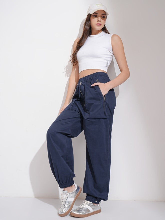Tokyo Talkies Women Navy Blue Solid Loose Fit Cargos - Navy Blue - Image 2