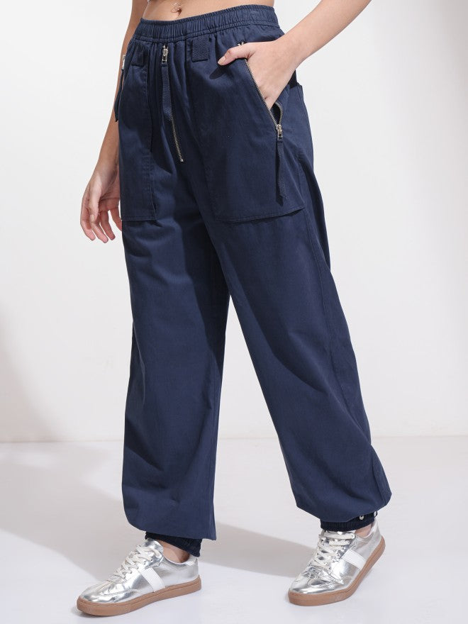 Tokyo Talkies Women Navy Blue Solid Loose Fit Cargos - Navy Blue - Image 4