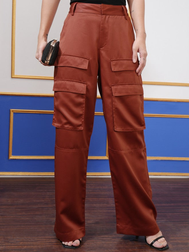 Tokyo Talkies Women Rust Straight Fit Solid Cargos - Rust - Image 1