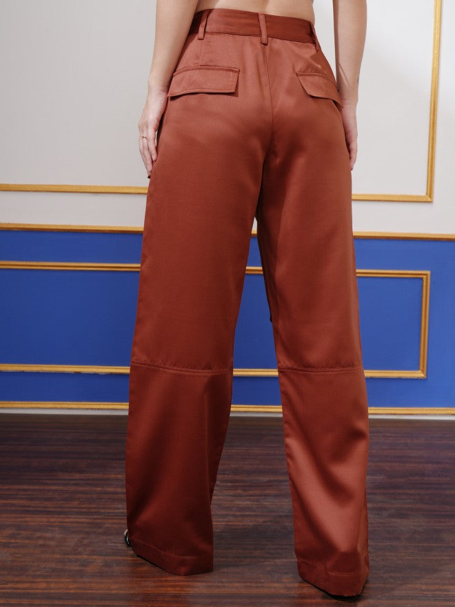 Tokyo Talkies Women Rust Straight Fit Solid Cargos - Rust - Image 3