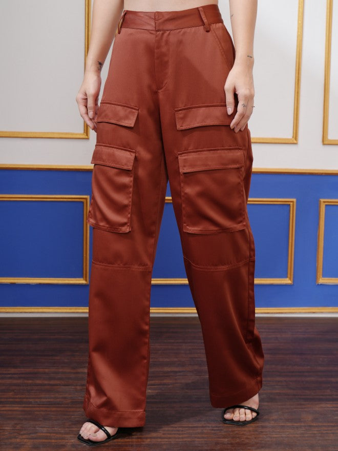 Tokyo Talkies Women Rust Straight Fit Solid Cargos - Rust - Image 4