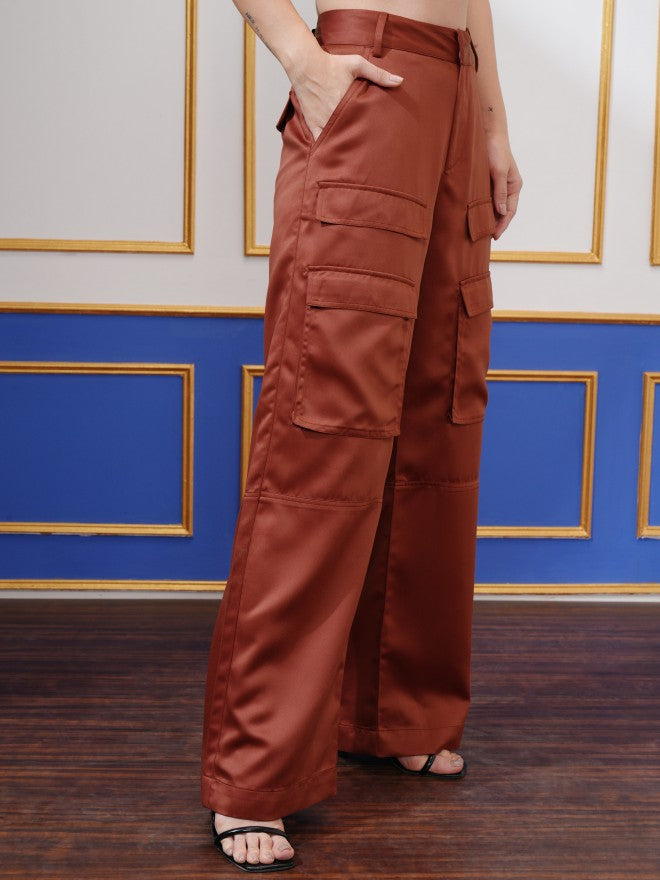 Tokyo Talkies Women Rust Straight Fit Solid Cargos - Rust - Image 6