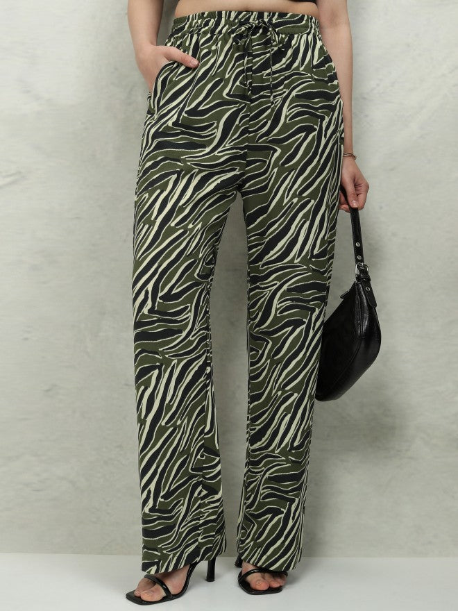 Tokyo Talkies Women Olive Printed Flared Casual Trouser - Olive - Image 1