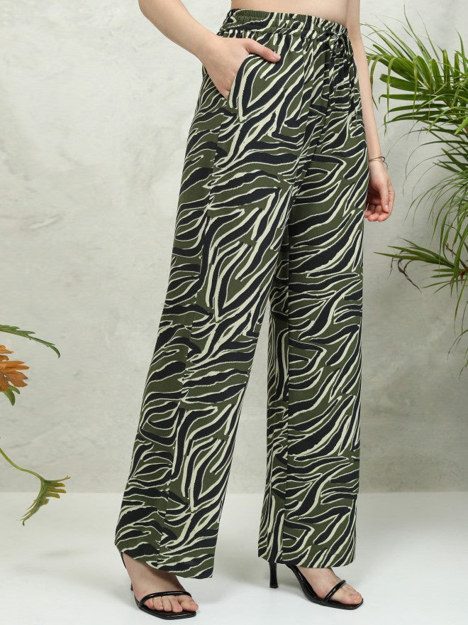 Tokyo Talkies Women Olive Printed Flared Casual Trouser - Olive - Image 6