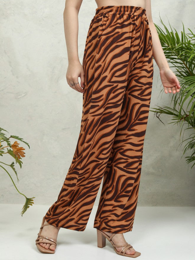 Tokyo Talkies Women Brown Printed Flared Casual Trouser - Brown - Image 6