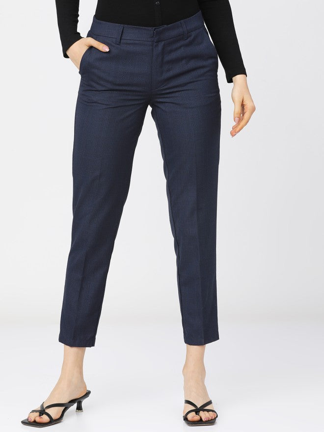 Tokyo Talkies Women Navy Blue Checked Regular Fit Casual Trouser - Navy Blue - Image 1