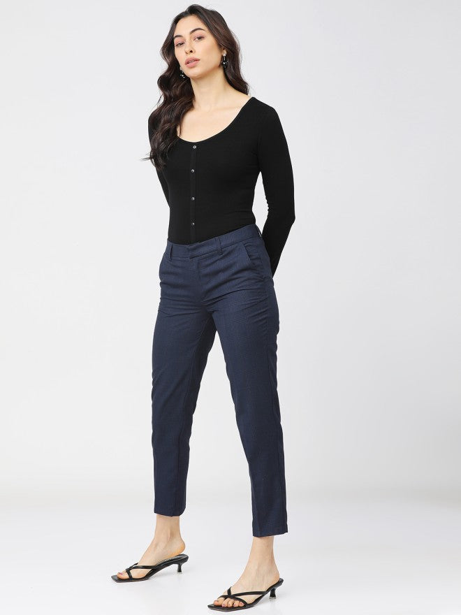 Tokyo Talkies Women Navy Blue Checked Regular Fit Casual Trouser - Navy Blue - Image 5