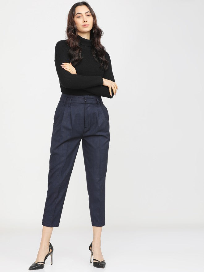Tokyo Talkies Women Navy Blue Solid Regular Fit Casual Trouser - Navy Blue - Image 5