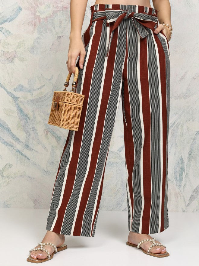 Tokyo Talkies Women Rust Striped Regular Fit Wide Leg Trouser - Rust - Image 1