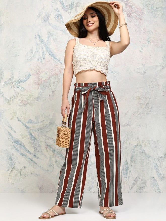 Tokyo Talkies Women Rust Striped Regular Fit Wide Leg Trouser - Rust - Image 2