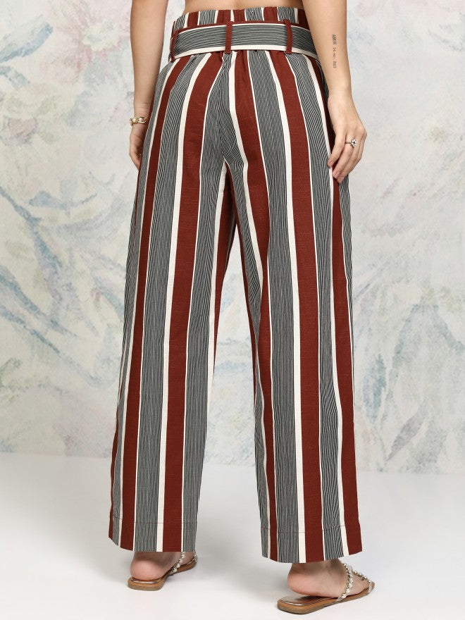 Tokyo Talkies Women Rust Striped Regular Fit Wide Leg Trouser - Rust - Image 3