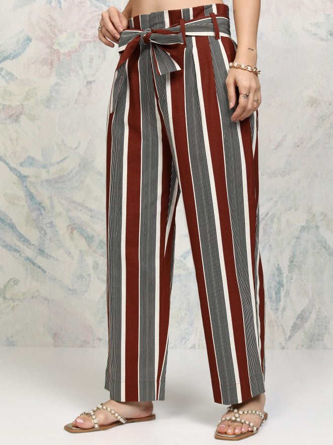 Tokyo Talkies Women Rust Striped Regular Fit Wide Leg Trouser - Rust - Image 4