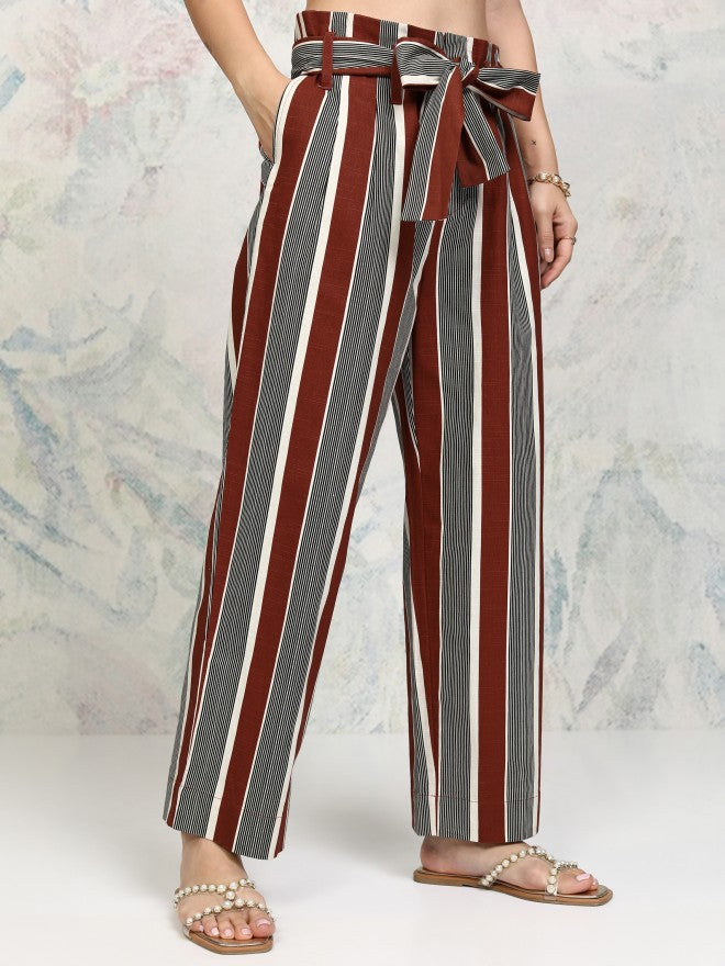 Tokyo Talkies Women Rust Striped Regular Fit Wide Leg Trouser - Rust - Image 6