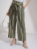 Tokyo Talkies Women Green Striped Regular Fit Casual Trouser - Green - Image 1