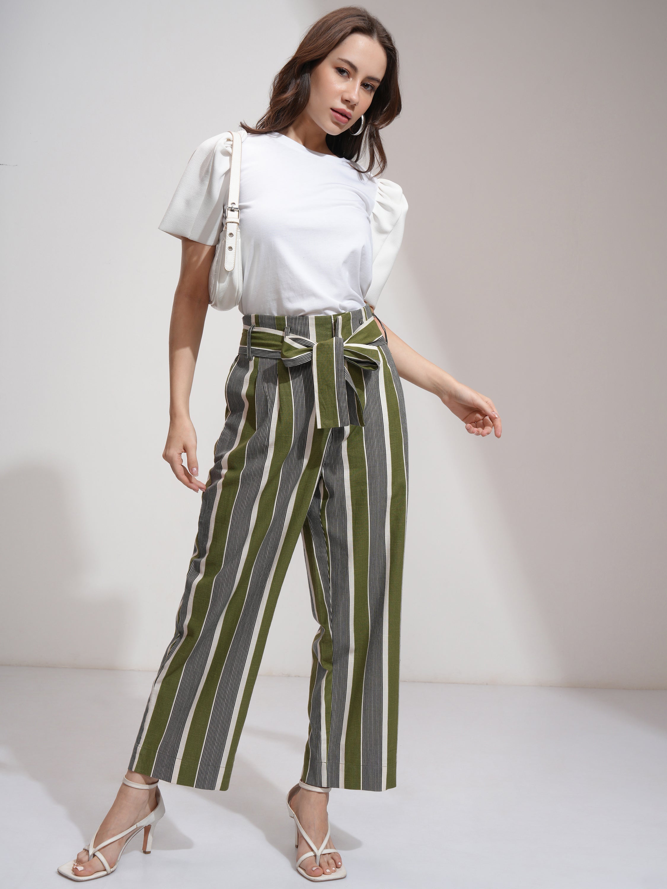 Tokyo Talkies Women Green Striped Regular Fit Casual Trouser - Green - Image 2