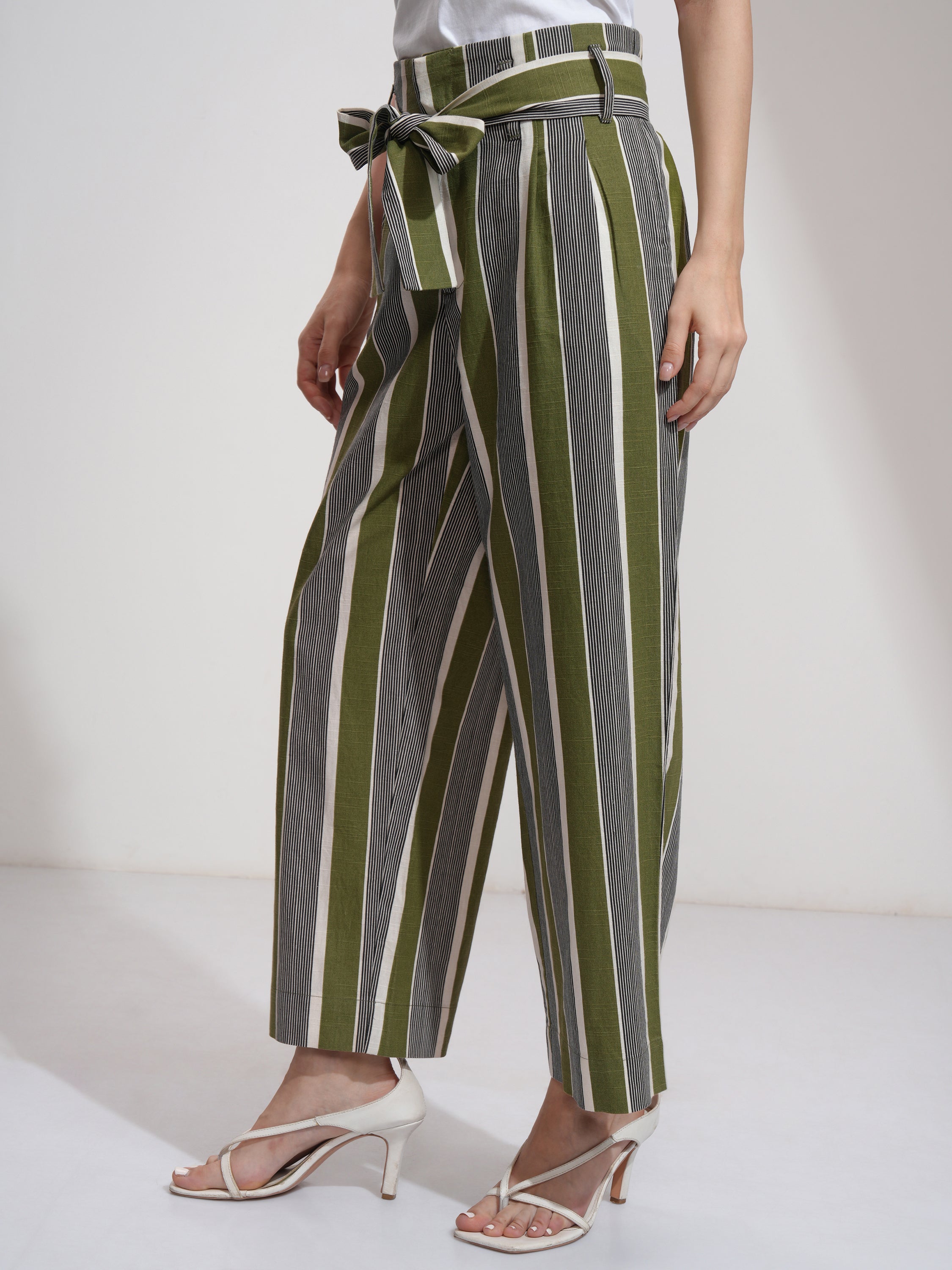 Tokyo Talkies Women Green Striped Regular Fit Casual Trouser - Green - Image 4