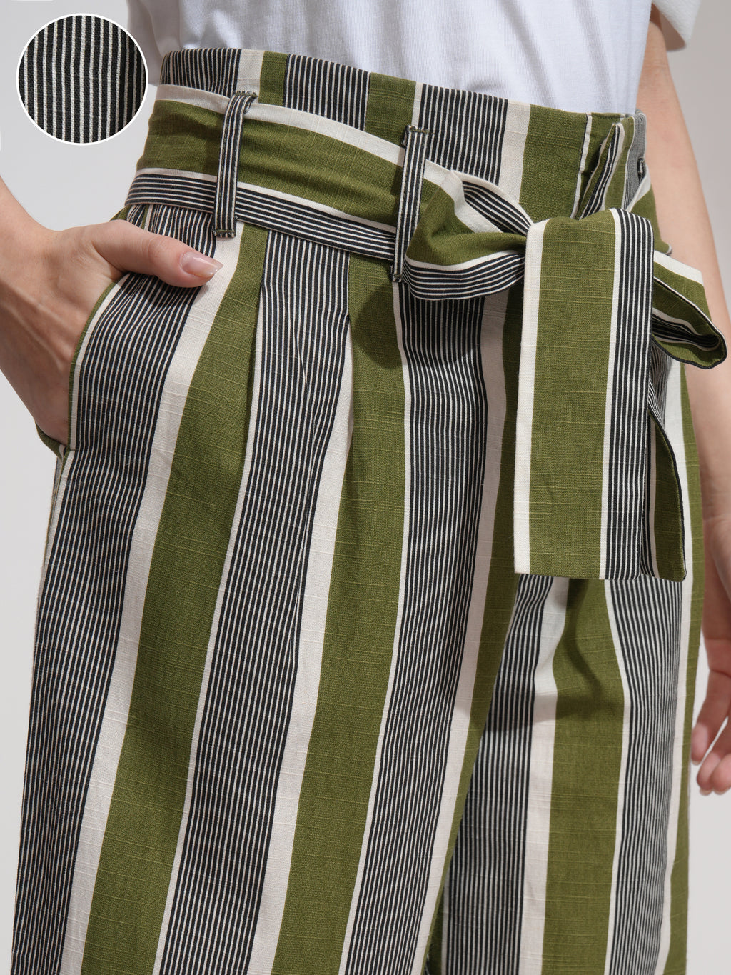 Tokyo Talkies Women Green Striped Regular Fit Casual Trouser - Green - Image 5