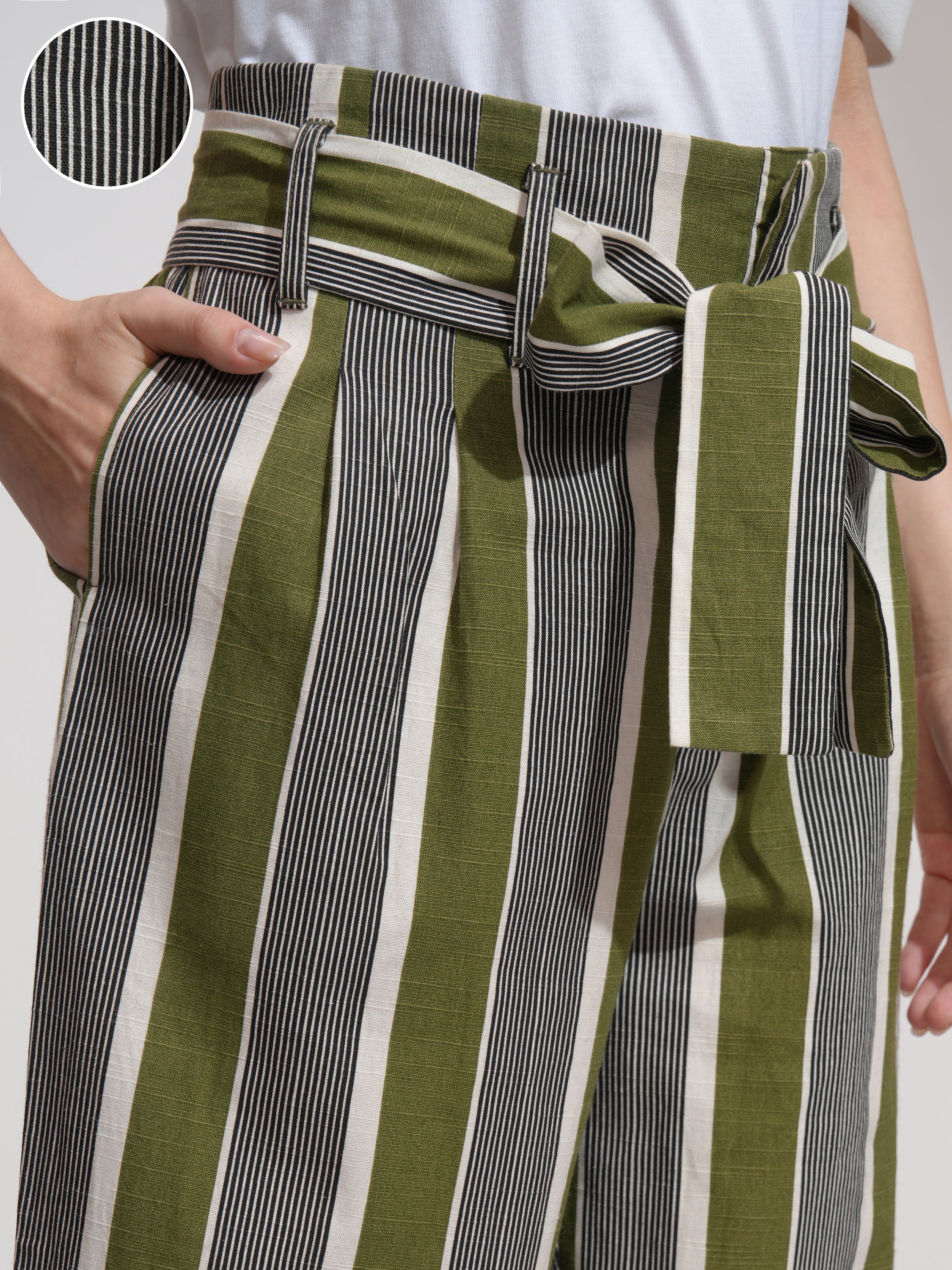 Tokyo Talkies Women Green Striped Regular Fit Casual Trouser - Green - Image 5