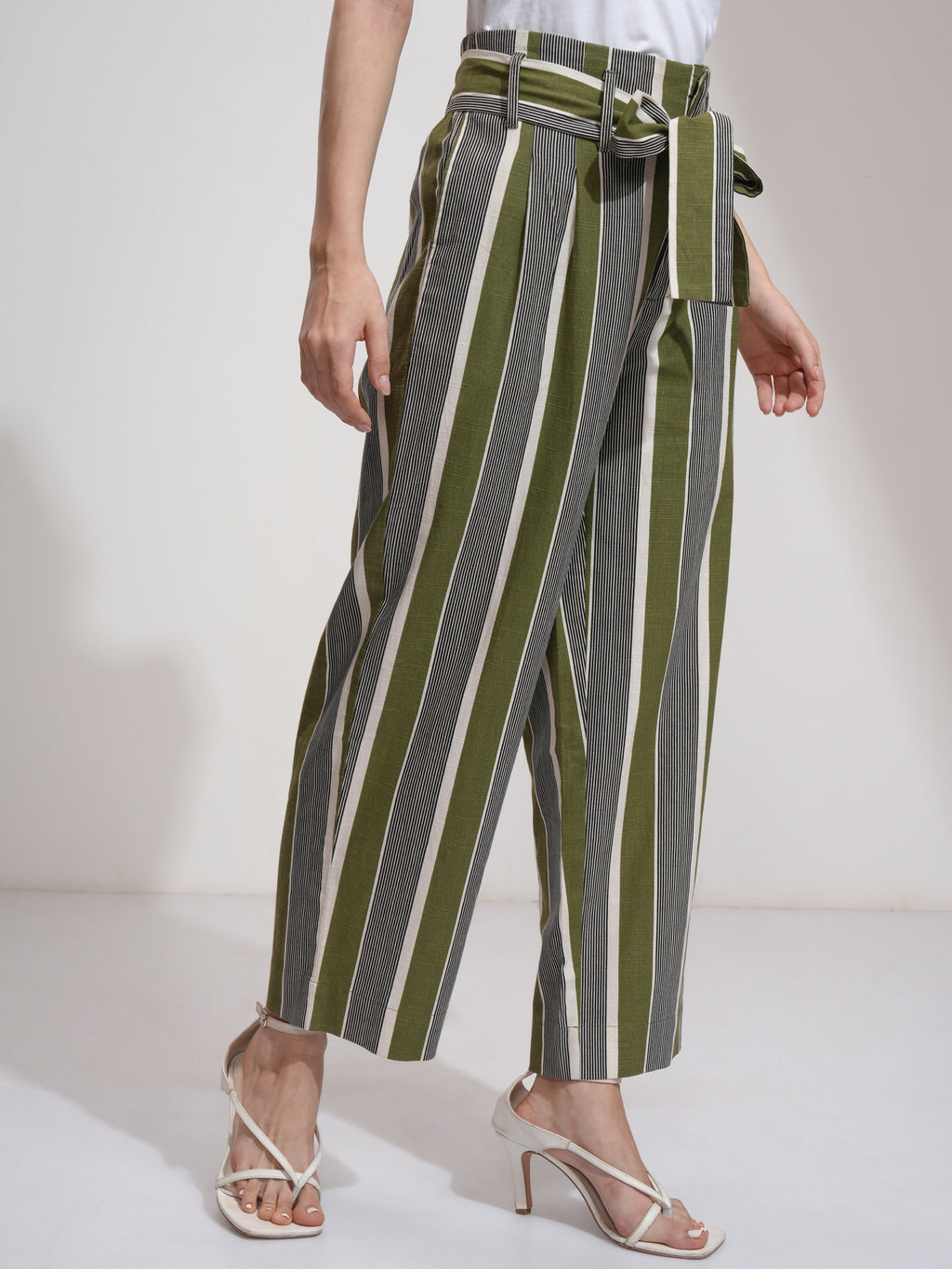 Tokyo Talkies Women Green Striped Regular Fit Casual Trouser - Green - Image 6