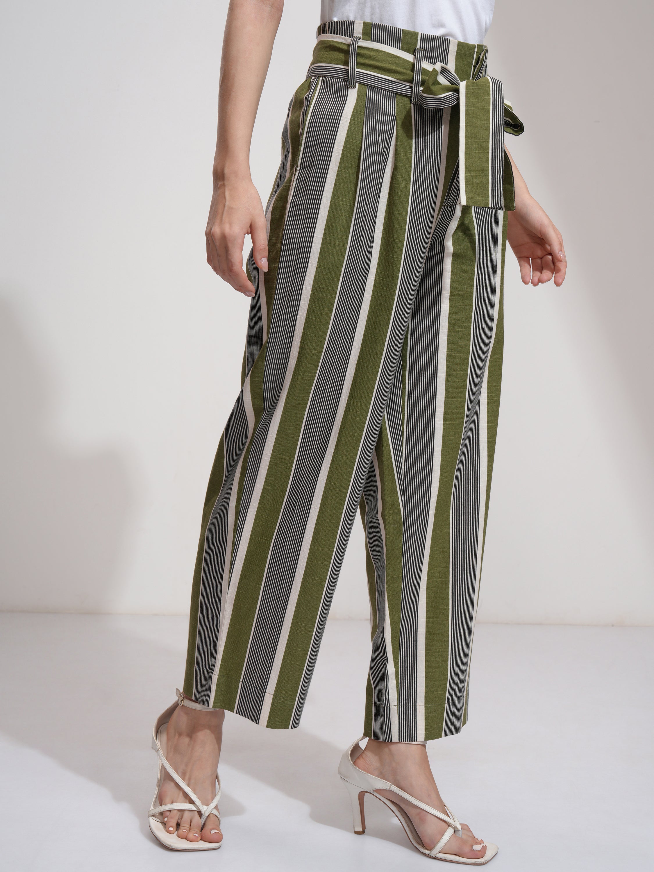 Tokyo Talkies Women Green Striped Regular Fit Casual Trouser - Green - Image 6
