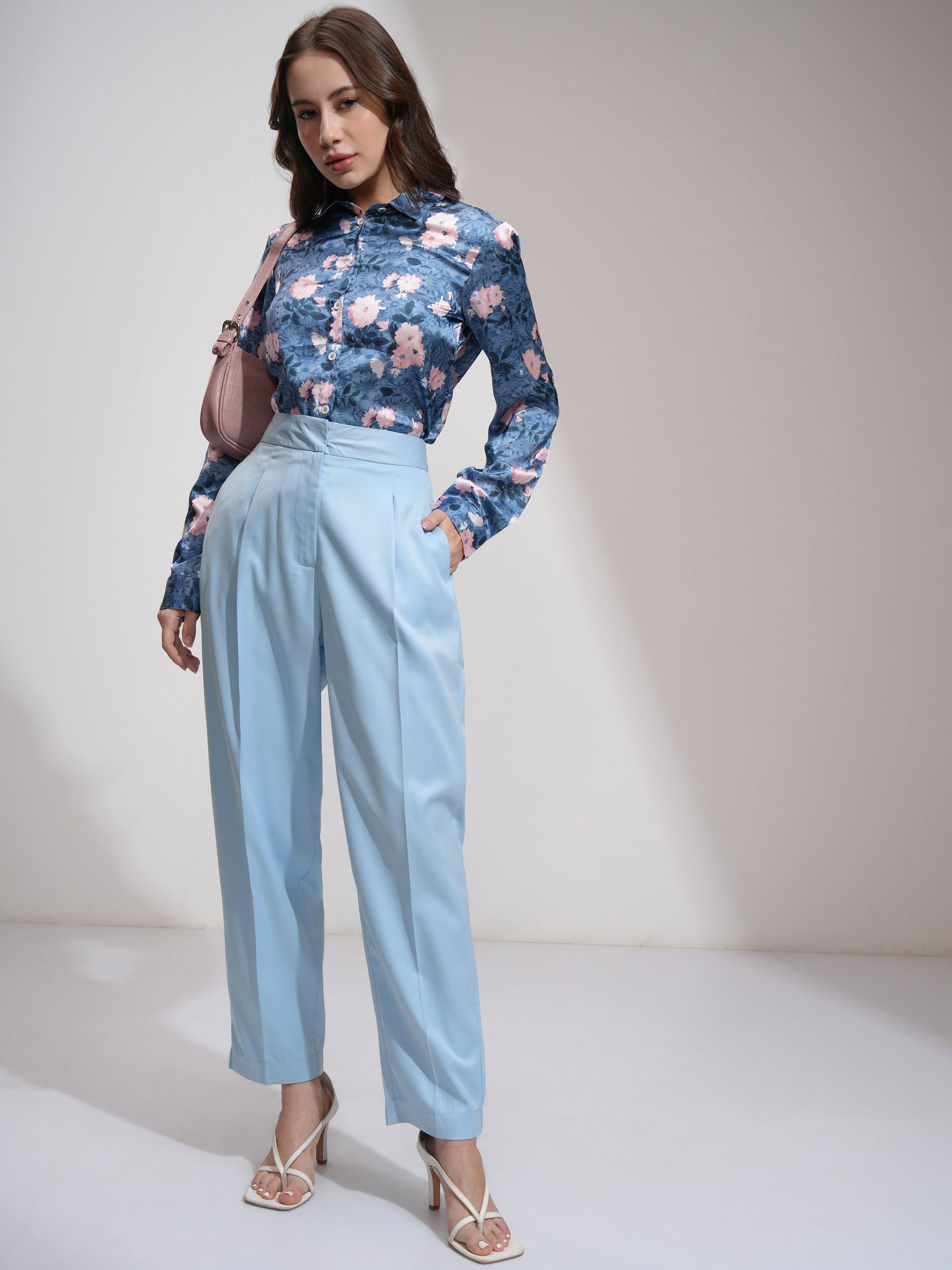 Tokyo Talkies Women Blue Solid Regular Fit Formal Trousers - Blue - Image 2