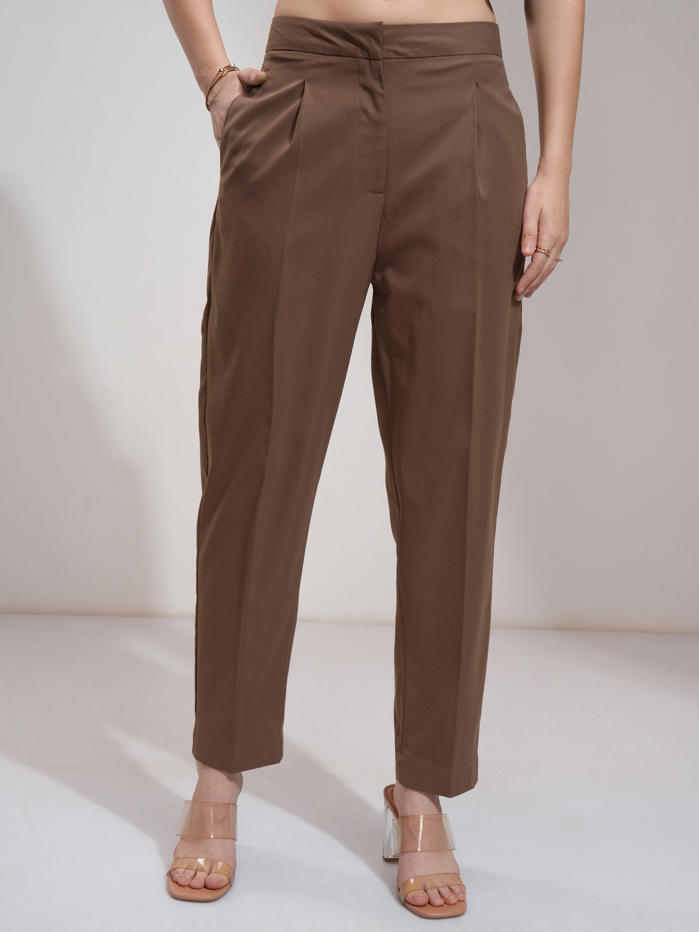 Tokyo Talkies Women Brown Solid Regular Fit Casual Trouser - Brown - Image 1