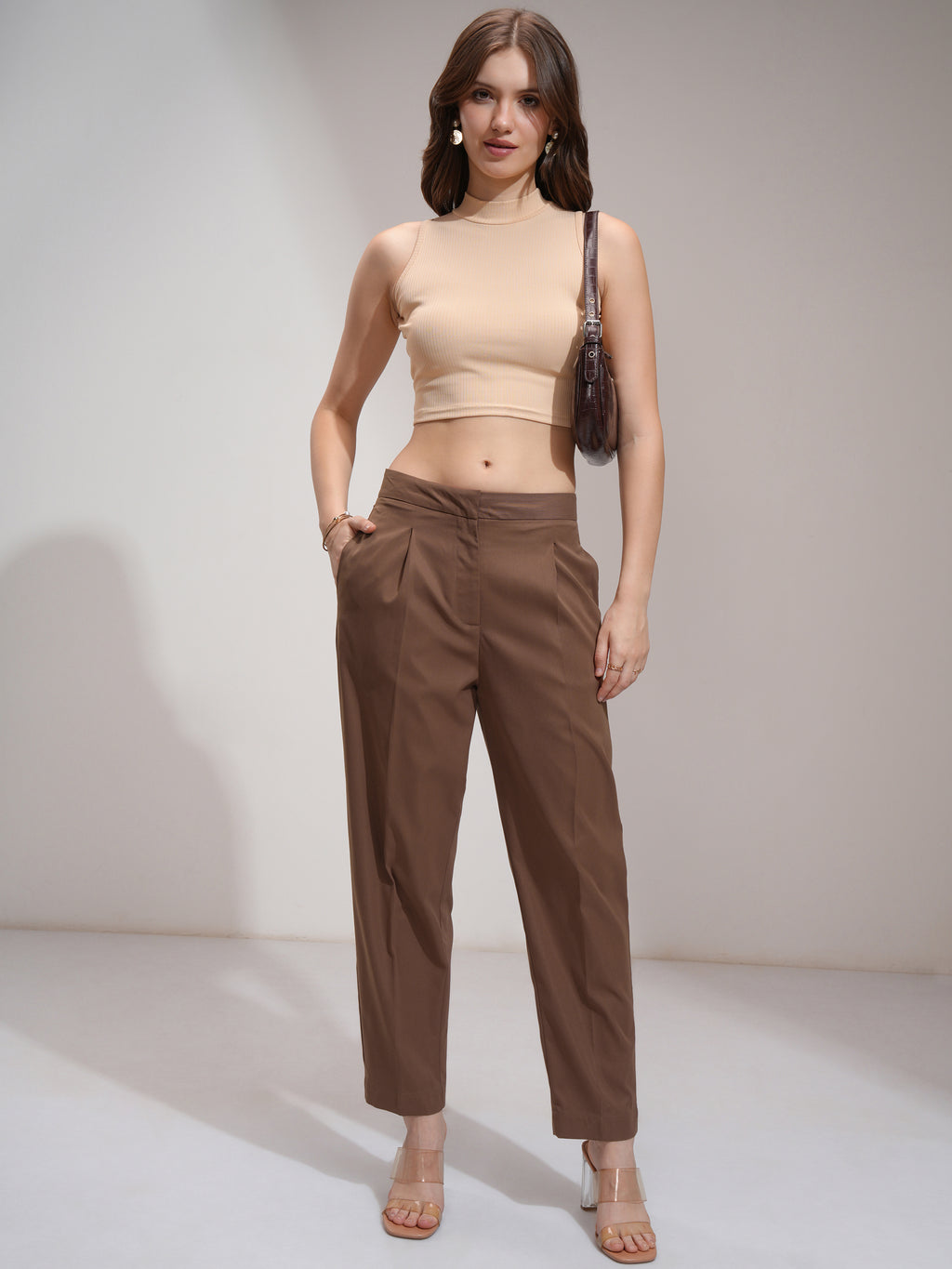 Tokyo Talkies Women Brown Solid Regular Fit Casual Trouser - Brown - Image 2