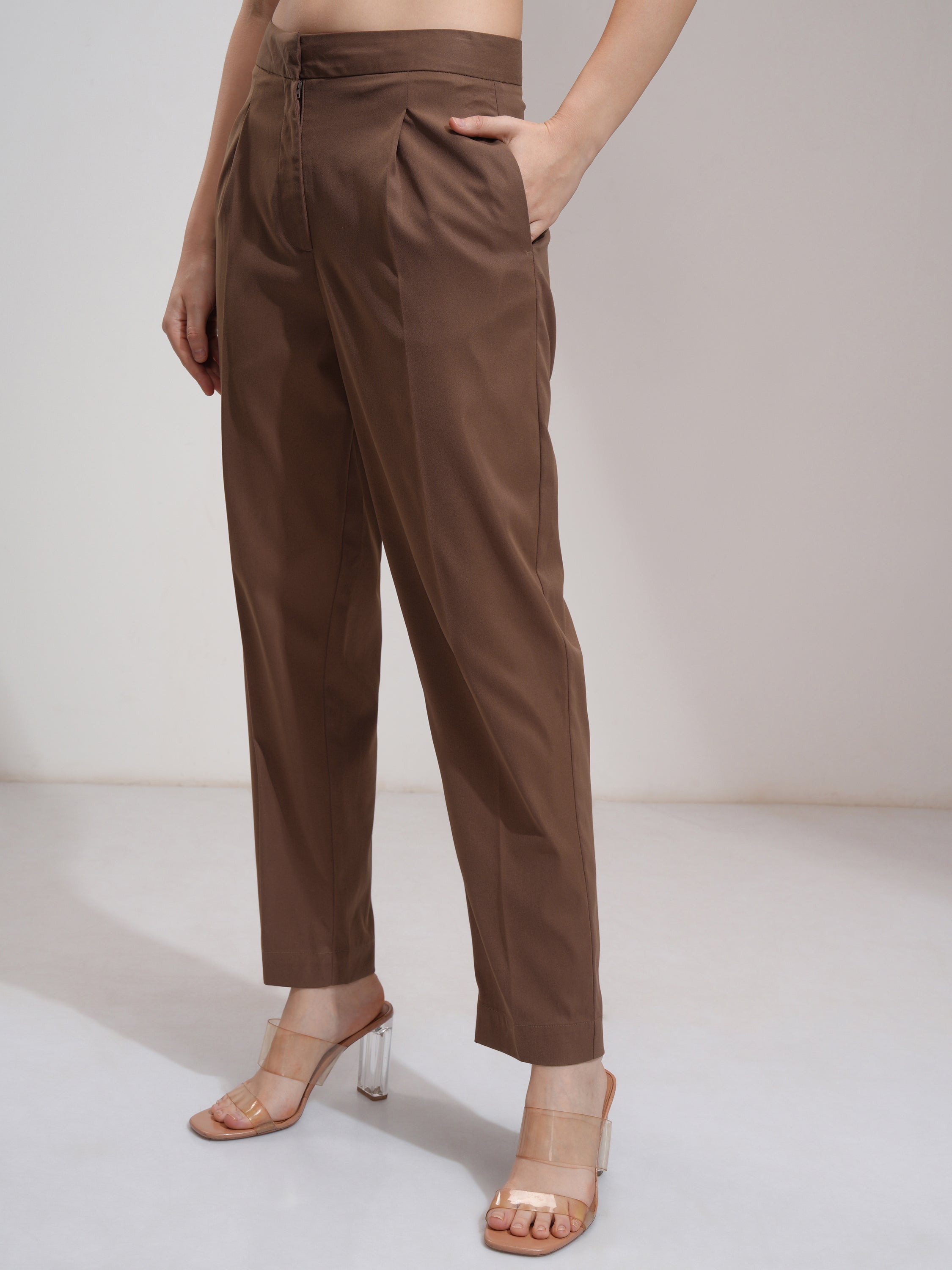 Tokyo Talkies Women Brown Solid Regular Fit Casual Trouser - Brown - Image 4