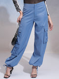 Tokyo Talkies Women Blue Solid Loose Fit Cargos - Blue - Image 1